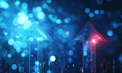 Poster - Upward Arrows Symbolizing Growth and Progress in Digital Space with Blue and Red Bokeh Effects