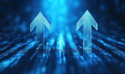 Poster - Upward Arrows Symbolizing Growth and Progress in Digital Environment with Blue Light and Data Patterns