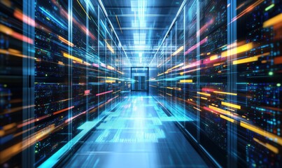 Poster - Data center corridor with illuminated servers and high-speed data flow visualization
