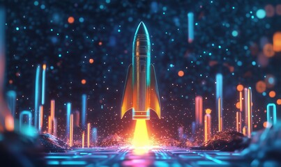 Poster - rocket launch in futuristic neon landscape with glowing particles and vibrant colors, showcasing adv