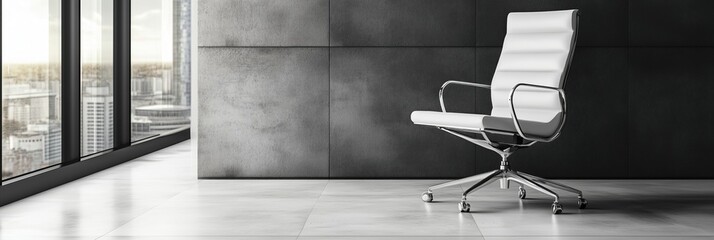 Canvas Print - Modern white office chair in minimalist workspace with large windows and concrete wall, showcasing sleek design and contemporary aesthetics