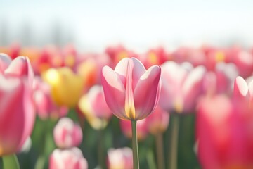 Poster - Pink and yellow tulips growing together in a natural setting