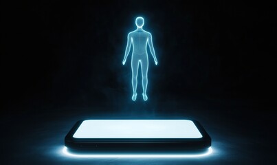 Poster - Holographic human figure emerging from smartphone screen, representing advanced technology and digital innovation