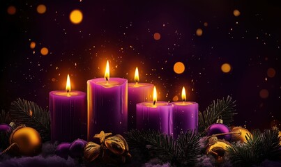 Wall Mural - Purple candles glowing in festive arrangement with ornaments and pine branches, creating a warm holiday atmosphere