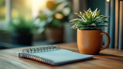 Poster - A person's essentials: a cup of coffee and a notebook on a table, perfect for writing or studying