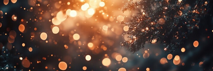 Poster - Bokeh Effect in Winter Scene with Glowing Lights and Snowflakes, Captivating Warm Tones and Soft Focus