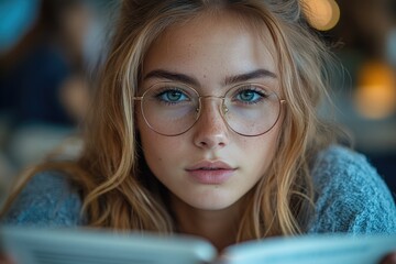 Poster - A woman wearing glasses and holding a tablet, focused on her screen