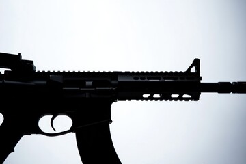 Poster - A machine gun is photographed as a silhouette against a bright blue or gray sky, suggesting a dramatic and powerful scene