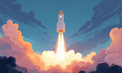 Poster - rocket launch into space with vibrant clouds and colorful sky, showcasing the excitement of explorat