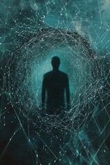 Poster - Silhouette of a person surrounded by a web of interconnected lines and nodes, representing digital connectivity and the concept of virtual reality