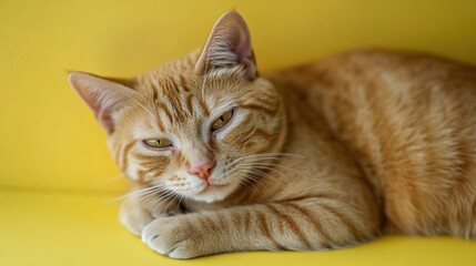 Aufkleber - A domesticated orange tabby cat relaxing on a bright yellow couch