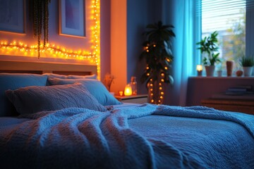 Poster - A bed with a blue blanket and some lights, suitable for interior design or lifestyle images