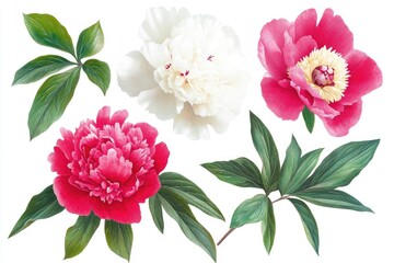 Poster - Four different types of peonies on a white background, ideal for botanical illustrations or still life photography