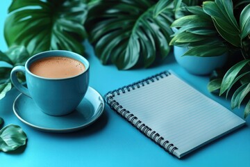 Aufkleber - A cup of coffee and a notebook sit on a table, perfect for writing or studying