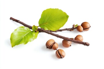 Aufkleber - A tree branch with nuts and a single leaf attached, perfect for use in nature-related or outdoor-themed designs
