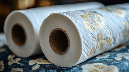 Poster - Two rolls of toilet paper resting on a bed, perhaps forgotten or left behind
