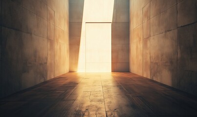 Poster - Minimalist architectural space with dramatic light and shadow play, showcasing concrete walls and wooden floor, evoking tranquility and contemplation