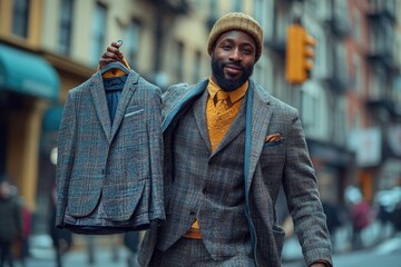 Poster - A businessman holds two jackets, possibly for sharing or exchanging