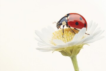 Poster - A ladybug sits on the petals of a white flower, enjoying the sunshine