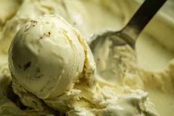 Aufkleber - A single serving of creamy ice cream in a bowl, accompanied by a metal spoon for scooping and enjoying