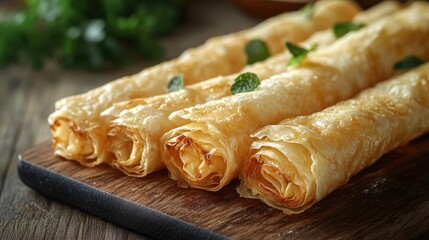 Aufkleber - Wooden cutting board with savory or sweet crepes, perfect for brunch or snack