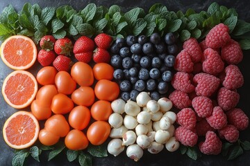 Poster - A colorful arrangement of various fruits and vegetables on a table, ideal for cooking or healthy living inspiration