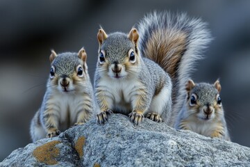 Poster - A group of squirrels perched on top of a rocky outcropping, enjoying the view