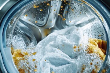 Poster - A close-up view of a washing machine filled with soap, ideal for use in illustrations about household appliances or cleanliness