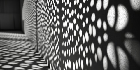 Poster - Intricate patterns of light and shadow created by perforated wall design, showcasing artistic interplay of illumination and texture