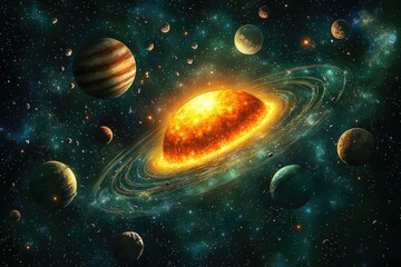 Poster - A group of planets orbiting around a shining star in the night sky