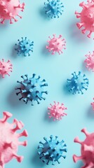 Poster - Colorful 3D Render of Virus Particles in Blue and Pink Against Light Background, Representing Infectious Diseases and Microbiology