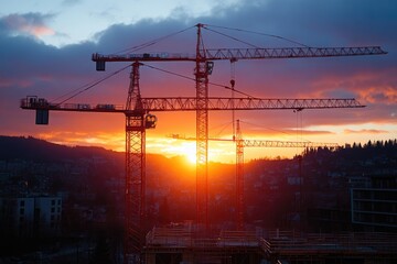 Aufkleber - A crane stands out against a colorful sunset backdrop on a busy construction site