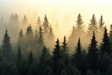 Poster - A dense fog surrounds a forest with sunlight peeking through, creating a mystical atmosphere