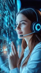 Poster - Woman with headset interacting with digital interface, showcasing advanced technology and communication skills