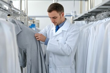 Poster - a scientist in a lab coat looks at a shirt, possibly analyzing fabric or textile properties