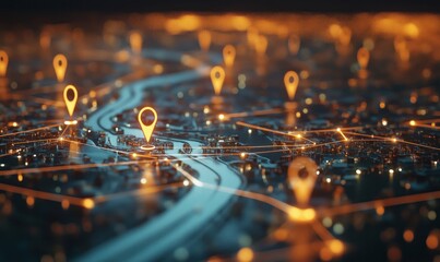 Poster - Digital map with glowing location pins highlighting urban areas and waterways, showcasing advanced navigation technology and connectivity