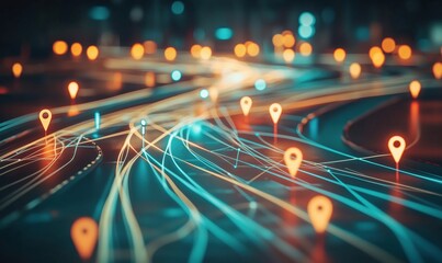 Poster - Abstract representation of digital navigation with glowing paths and location markers, showcasing connectivity and movement in a vibrant urban landscape