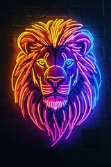 Poster - Vibrant Neon Lion Head Art, Colorful Illuminated Wall Decoration, Modern Aesthetic Design