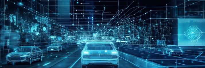 Poster - Futuristic urban street scene with digital overlay, showcasing autonomous vehicles and smart city technology