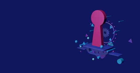 Poster - Pink keyhole symbol on a pedestal of abstract geometric shapes floating in the air. Abstract concept art with flying shapes on the right. 3d illustration on indigo background