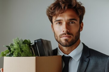 Sticker - A person holding a box with a plant, dressed in a suit