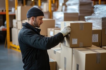 Poster - A person inspects and checks boxes on a shelf in a warehouse