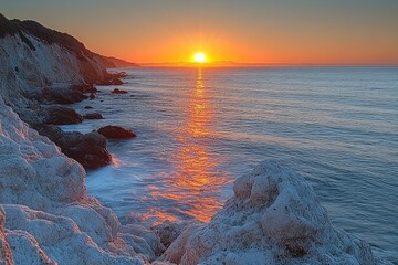 Poster - Photography of sunset over ocean rocks, ideal for travel, adventure and nature themes