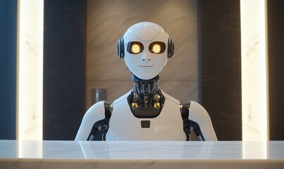 Poster - Humanoid robot receptionist with glowing eyes in modern lobby setting, showcasing advanced technology and design