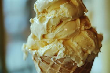 Poster - A detailed view of a single serving of ice cream in a cone, perfect for desserts or promotions