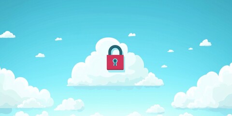 Poster - Cloud security concept with padlock symbolizing data protection in digital environment, blue sky and fluffy clouds background