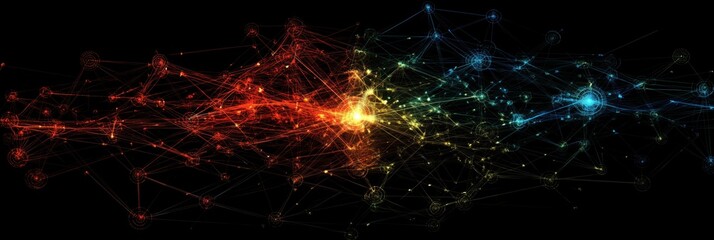 Poster - Abstract digital network visualization with vibrant red, yellow, and blue colors representing data flow and connectivity