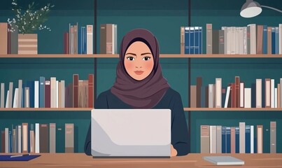 Poster - Muslim woman in hijab working on laptop in library surrounded by books, focused and engaged in study or research