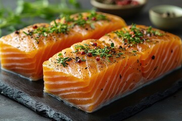 Poster - A plate with two fresh salmon fillets served on a black slate board, ready for cooking or presentation