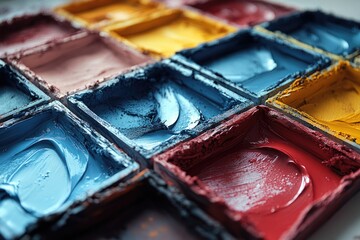 Aufkleber - A close-up shot of a paint tray with various colors and brushes